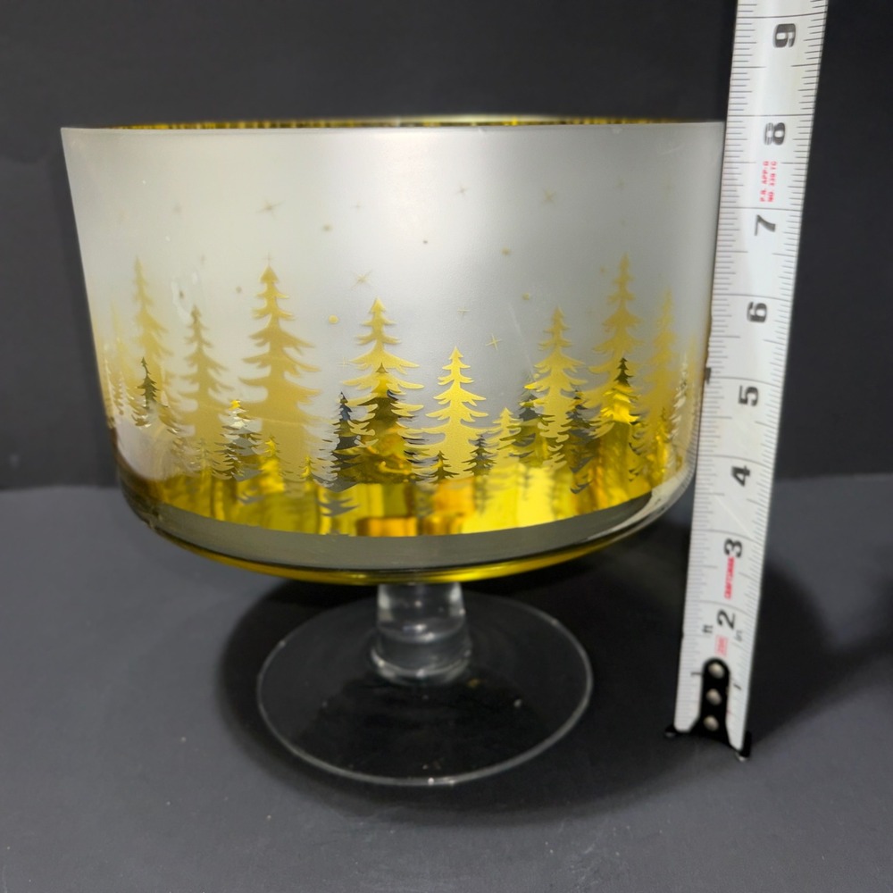 Trifle Bowl Christmas Gold Frosted Glass Pine Tree Forest Holiday Centerpiece 7" - Picture 12 of 16